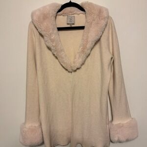 Sioni Womens Medium Cardigan Sweater Cream‎ Faux Fur Collar & Cuffs Cozy